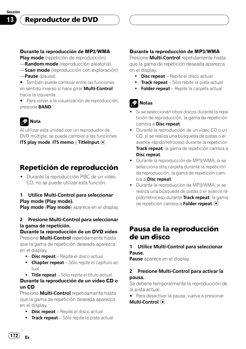 Repetición de reproducción 172, Pausa de la reproducción de un disco 172, Repetición de reproducción | Pausa de la reproducción de un disco, Reproductor de dvd | Pioneer DEH-P70BT User Manual | Page 172 / 199