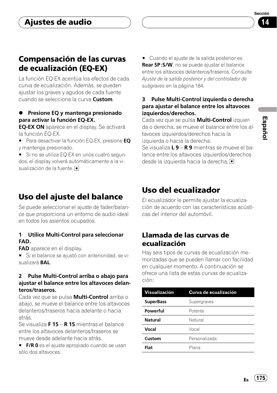 Compensación de las curvas de ecualización, Eq-ex) 175, Uso del ajuste del balance 175 | Uso del ecualizador 175, Llamada de las curvas de, Ecualización 175, Compensación de las curvas de ecualización (eq-ex), Uso del ajuste del balance, Uso del ecualizador, Ajustes de audio | Pioneer DEH-P70BT User Manual | Page 175 / 199