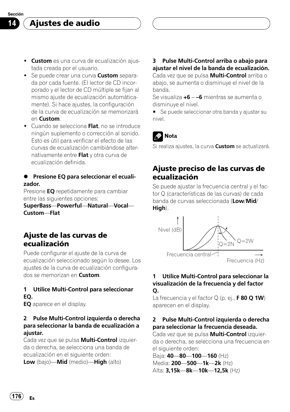 Ajuste de las curvas de, Ecualización 176, Ajuste preciso de las curvas de | Gina 177, Ajustes de audio, Ajuste de las curvas de ecualización, Ajuste preciso de las curvas de ecualización | Pioneer DEH-P70BT User Manual | Page 176 / 199