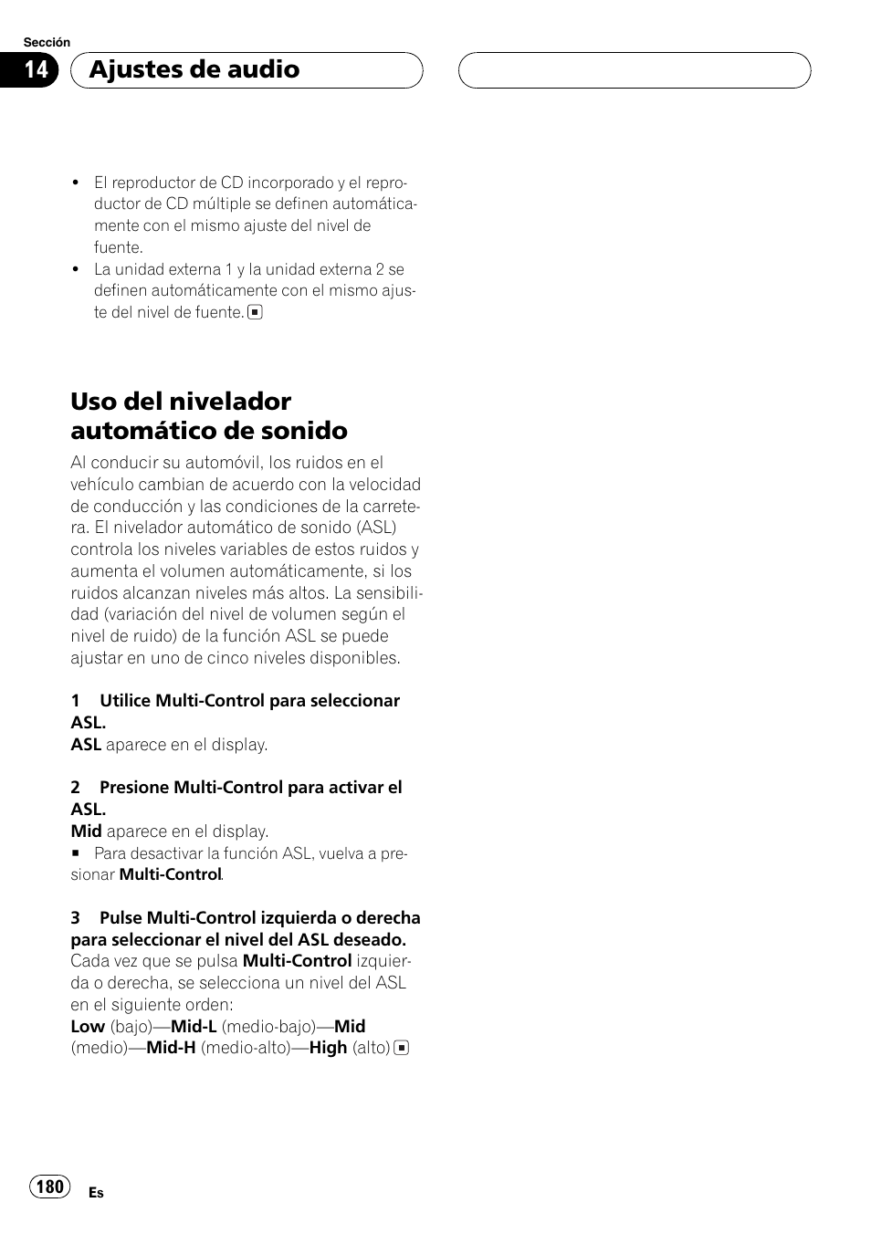 Uso del nivelador automático de sonido 180, Uso del nivelador automático de sonido, Ajustes de audio | Pioneer DEH-P70BT User Manual | Page 180 / 199