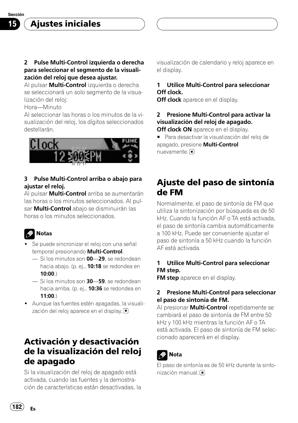 Activación y desactivación de la visualización, Del reloj de apagado 182, Ajuste del paso de sintonía de fm 182 | Ajuste del paso de sintonía de fm, Ajustes iniciales | Pioneer DEH-P70BT User Manual | Page 182 / 199