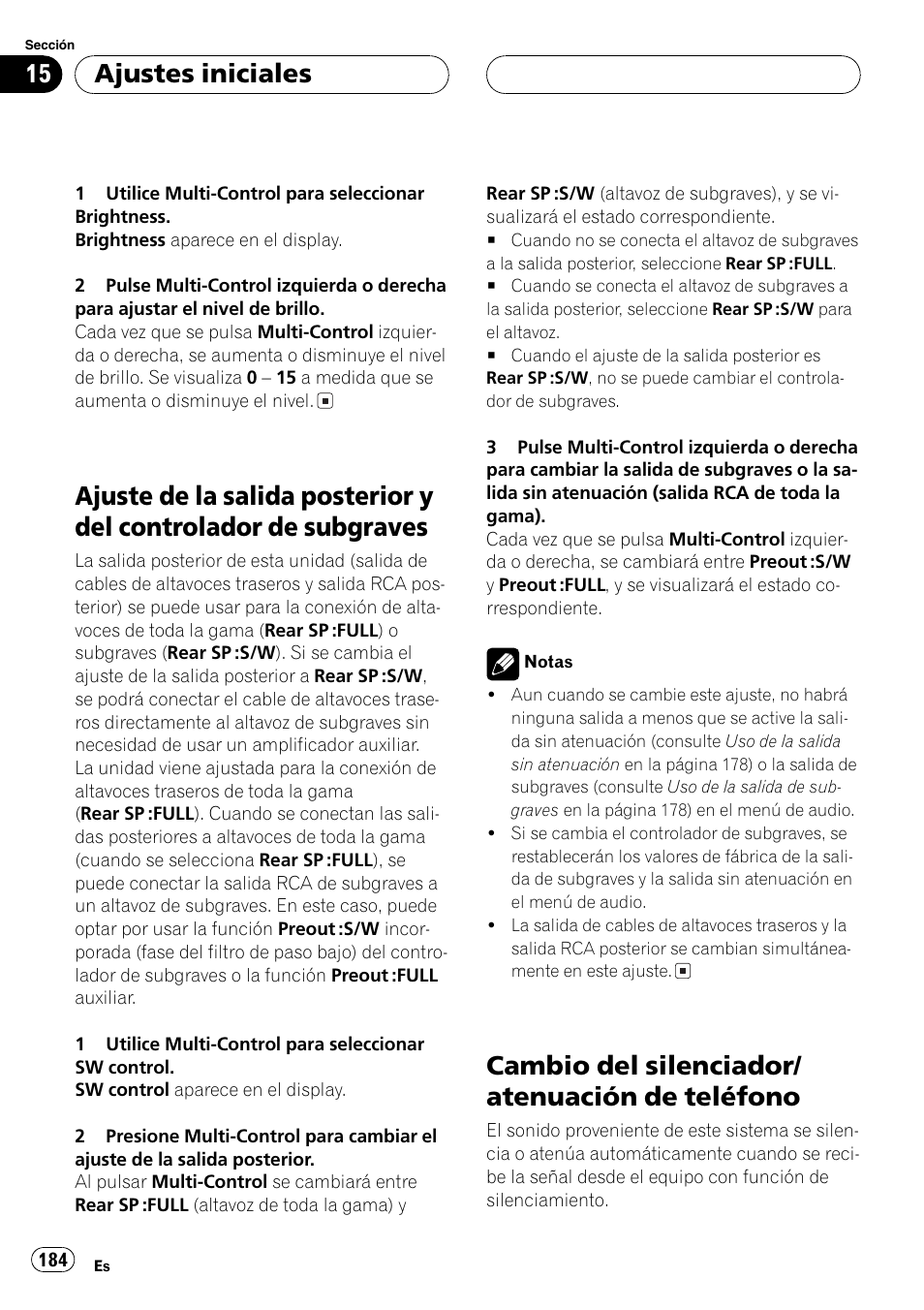 Ajuste de la salida posterior y del controlador, De subgraves 184, Cambio del silenciador/atenuación de | Teléfono 184, Cambio del silenciador/ atenuación de teléfono, Ajustes iniciales | Pioneer DEH-P70BT User Manual | Page 184 / 199
