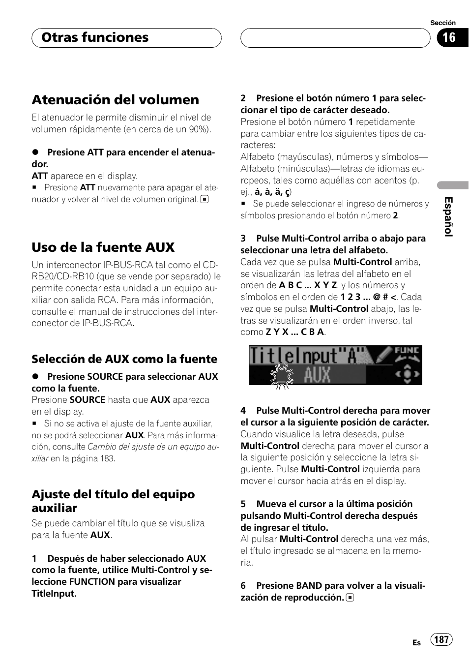 Otras funciones, Atenuación del volumen 187, Uso de la fuente aux 187 | Selección de aux como la, Fuente 187, Ajuste del título del equipo, Auxiliar 187, Atenuación del volumen, Uso de la fuente aux, Selección de aux como la fuente | Pioneer DEH-P70BT User Manual | Page 187 / 199