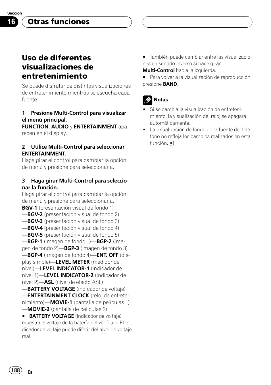 Uso de diferentes visualizaciones de, Entretenimiento 188, Otras funciones | Pioneer DEH-P70BT User Manual | Page 188 / 199