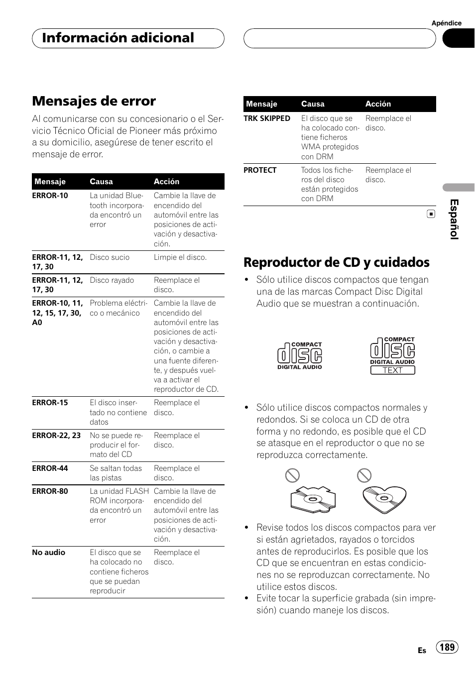Información adicional, Mensajes de error 189, Reproductor de cd y cuidados 189 | Mensajes de error, Reproductor de cd y cuidados, Español | Pioneer DEH-P70BT User Manual | Page 189 / 199