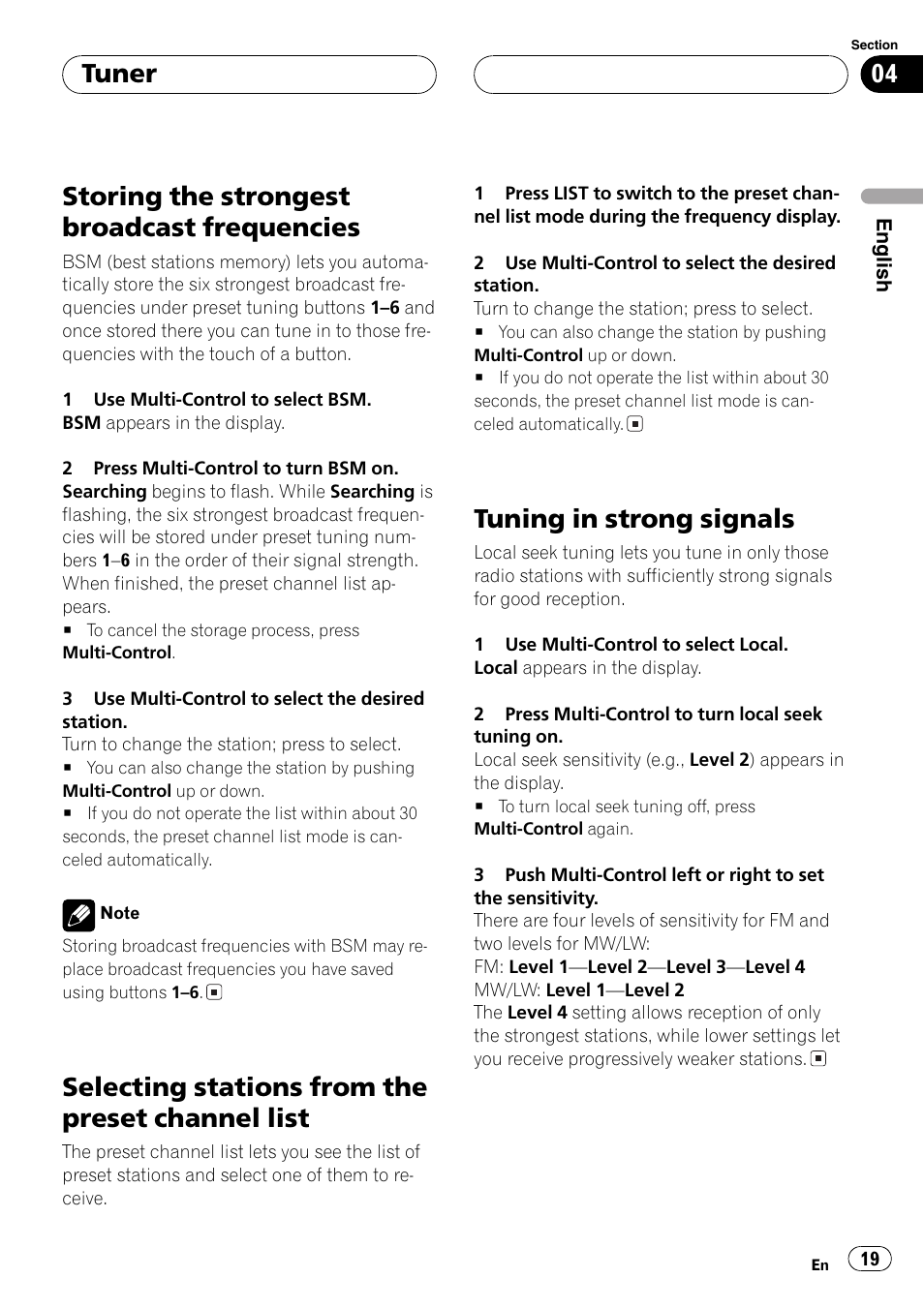 Storing the strongest broadcast, Frequencies 19, Selecting stations from the preset channel | List 19, Tuning in strong signals 19, Storing the strongest broadcast frequencies, Selecting stations from the preset channel list, Tuning in strong signals, Tuner | Pioneer DEH-P70BT User Manual | Page 19 / 199