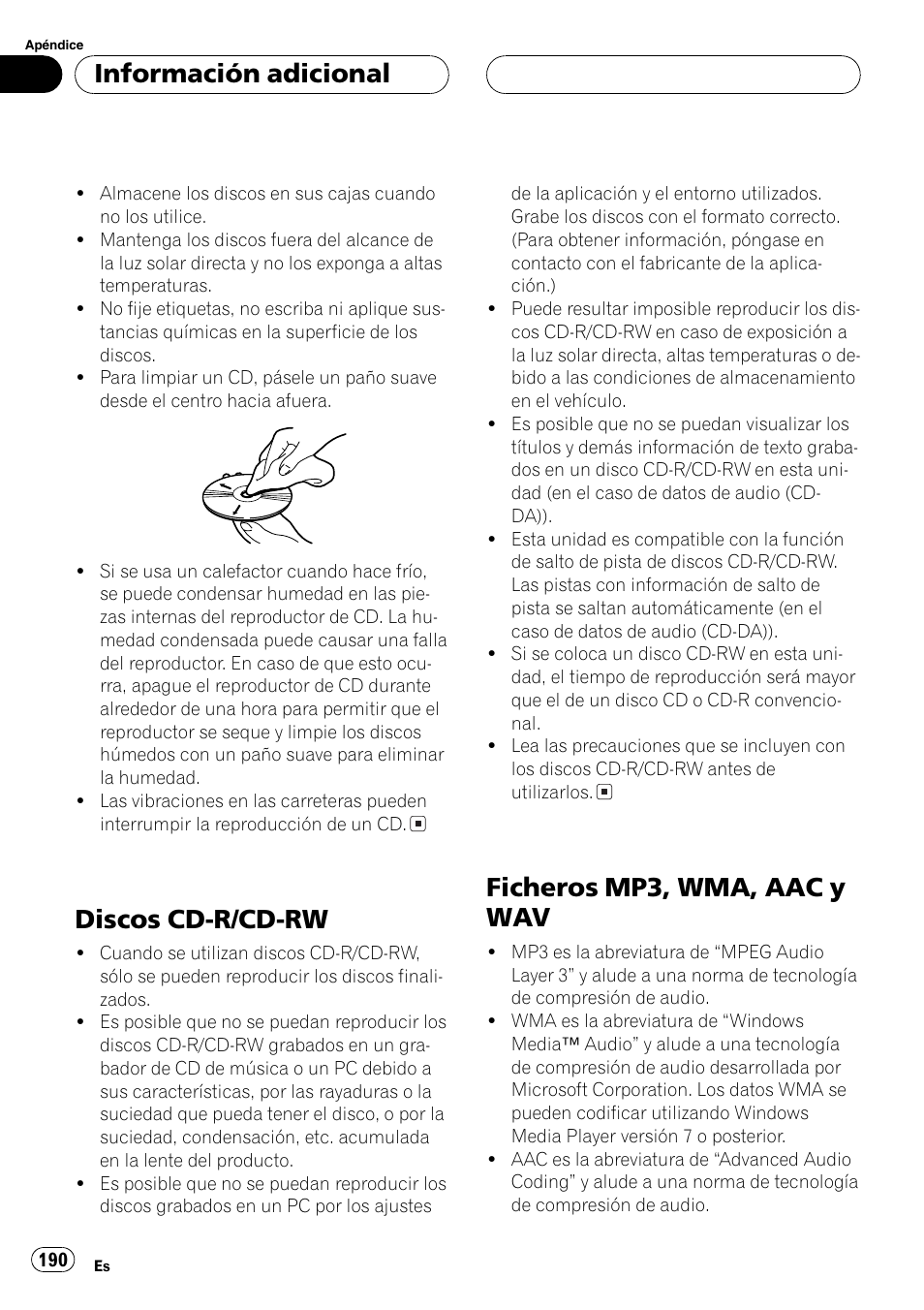Discos cd-r/cd-rw 190, Ficheros mp3, wma, aac y wav 190, Discos cd-r/cd-rw | Ficheros mp3, wma, aac y wav, Información adicional | Pioneer DEH-P70BT User Manual | Page 190 / 199