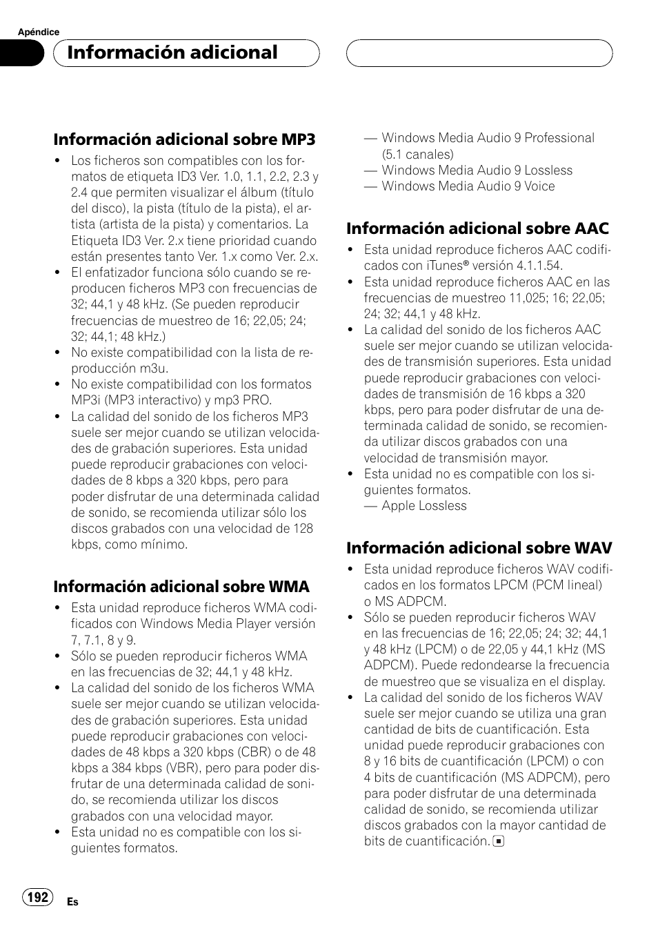 Información adicional sobre, Mp3 192, Wma 192 | Aac 192, Wav 192, Información adicional, Información adicional sobre mp3, Información adicional sobre wma, Información adicional sobre aac, Información adicional sobre wav | Pioneer DEH-P70BT User Manual | Page 192 / 199