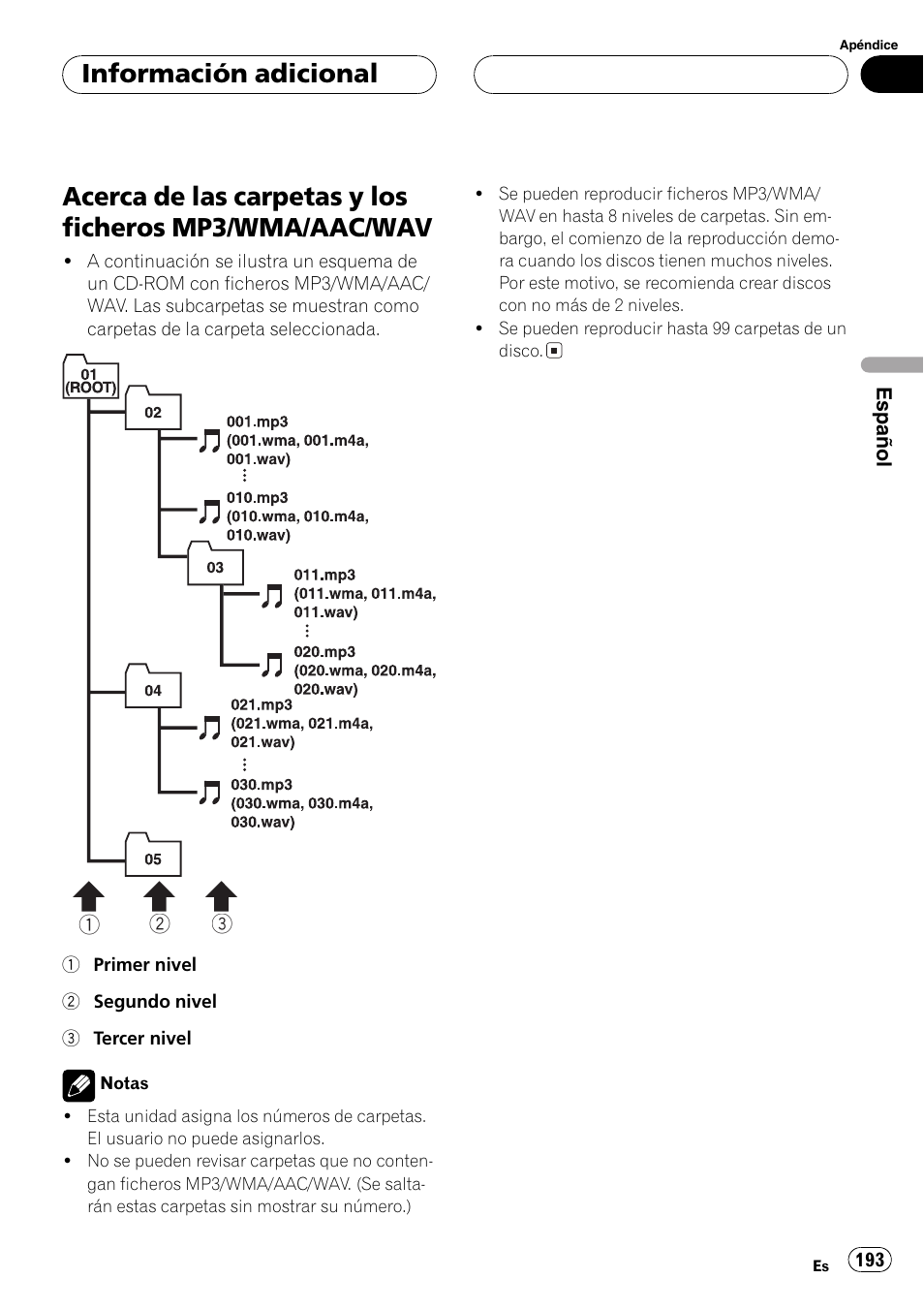 Acerca de las carpetas y los ficheros mp3, Wma/aac/wav 193, Información adicional | Pioneer DEH-P70BT User Manual | Page 193 / 199