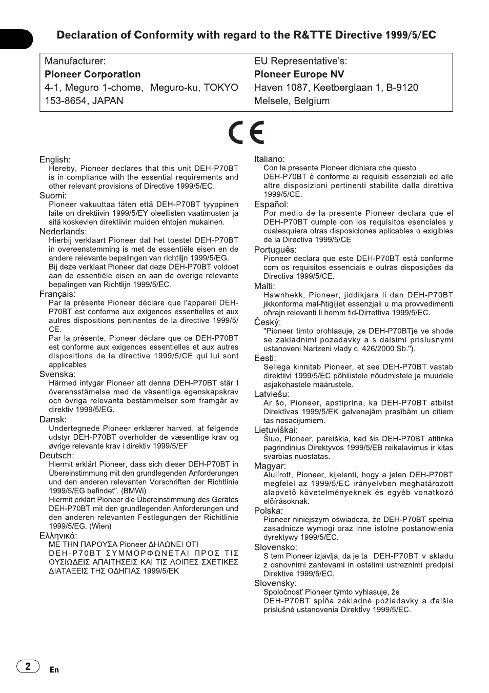 Pioneer DEH-P70BT User Manual | Page 2 / 199