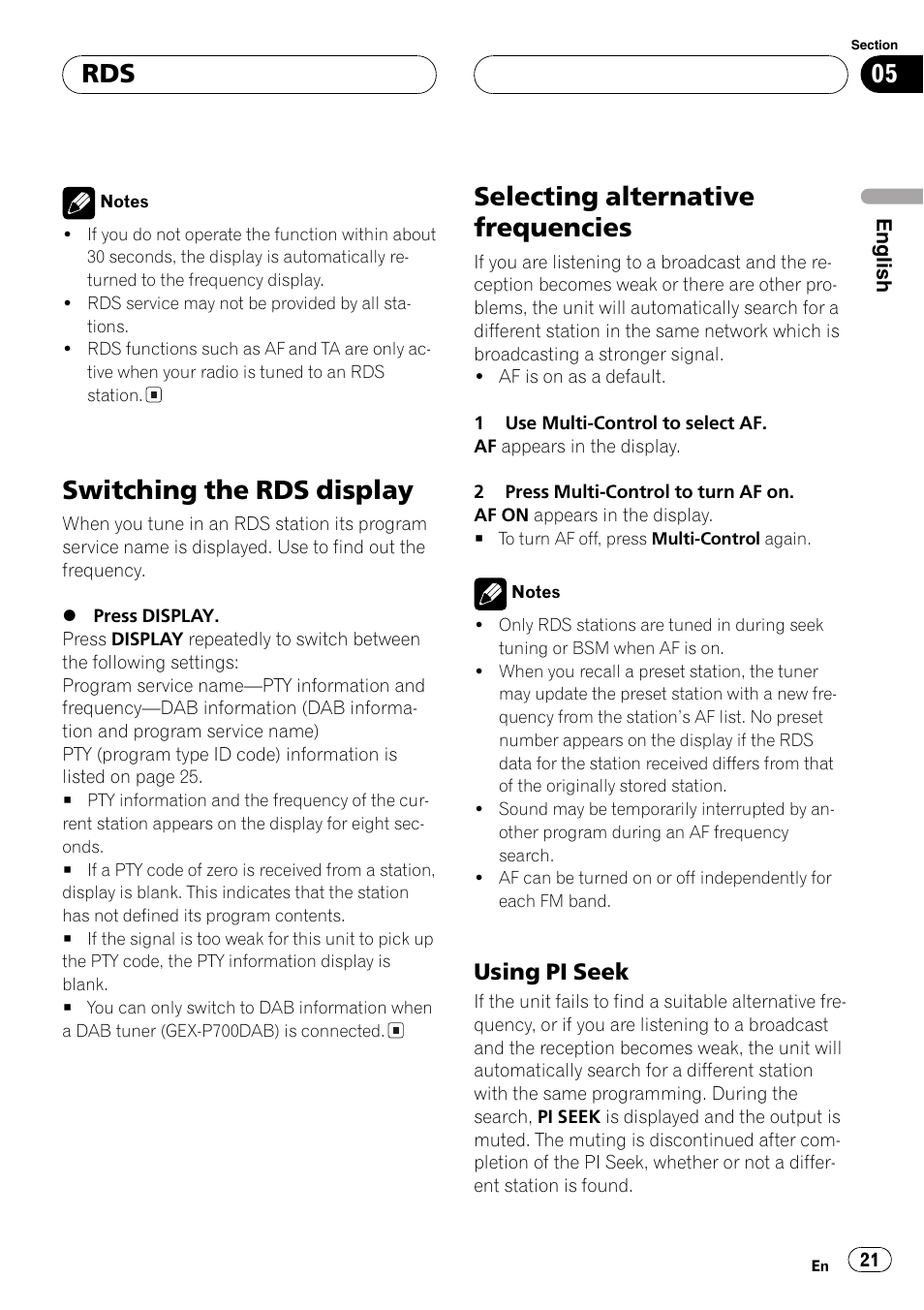 Using pi seek 21, Switching the rds display, Selecting alternative frequencies | Using pi seek | Pioneer DEH-P70BT User Manual | Page 21 / 199