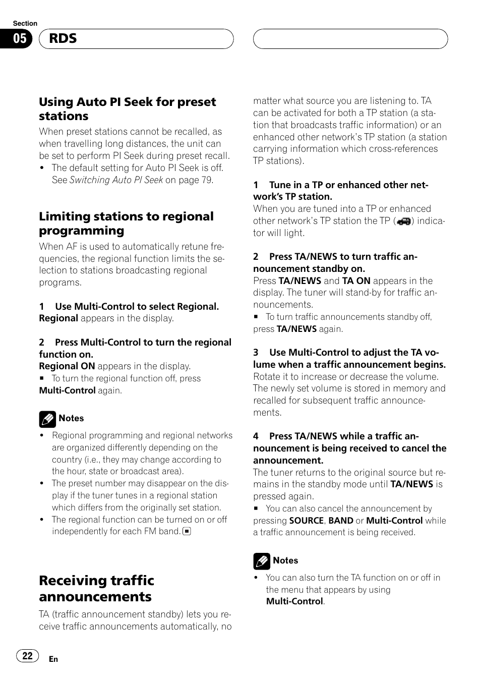 Using auto pi seek for preset, Stations 22, Limiting stations to regional | Programming 22, Receiving traffic announcements 22, Receiving traffic announcements, Using auto pi seek for preset stations, Limiting stations to regional programming | Pioneer DEH-P70BT User Manual | Page 22 / 199