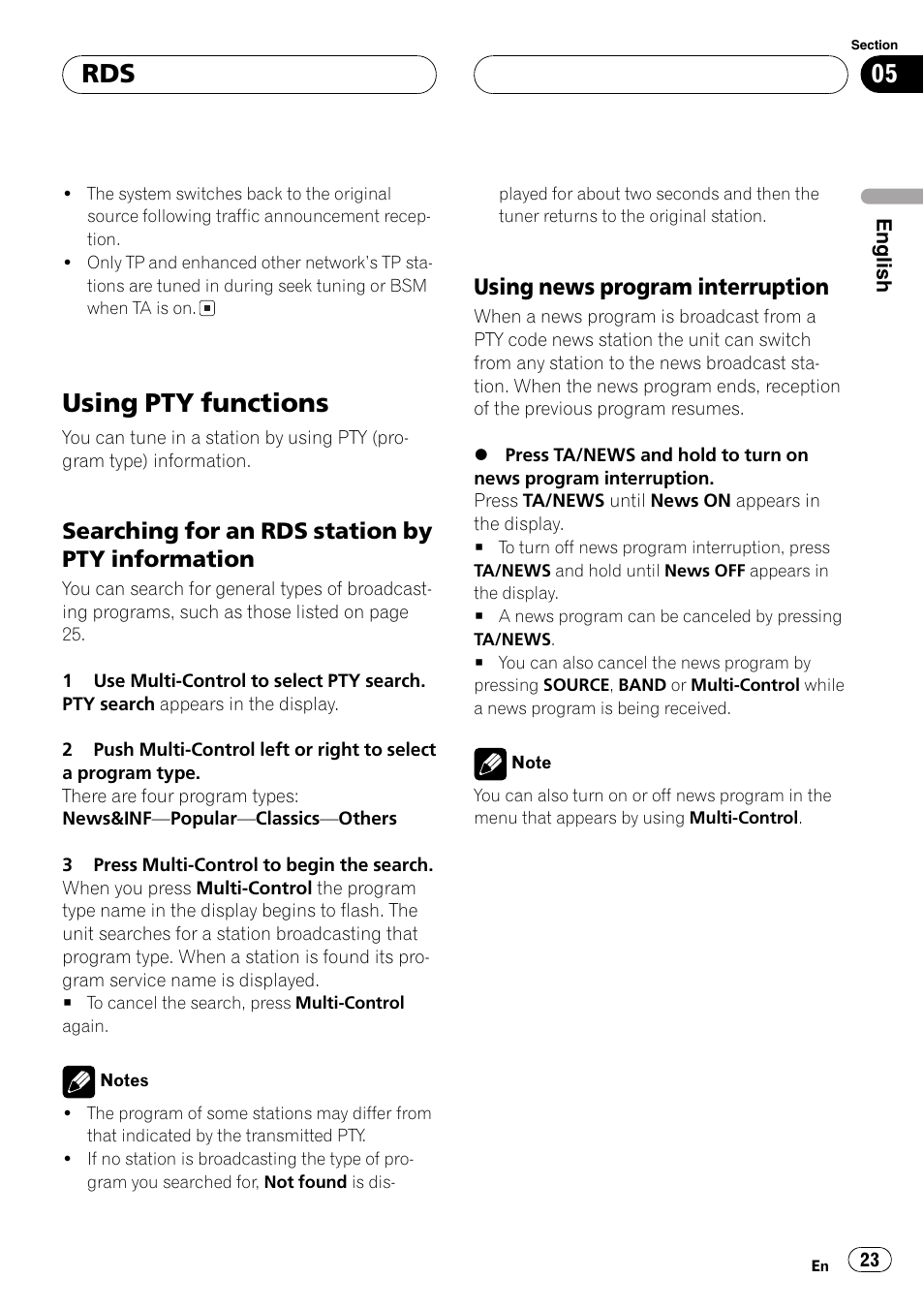 Using pty functions 23, Searching for an rds station by pty, Information 23 | Using news program interruption 23, Using pty functions, Searching for an rds station by pty information, Using news program interruption | Pioneer DEH-P70BT User Manual | Page 23 / 199