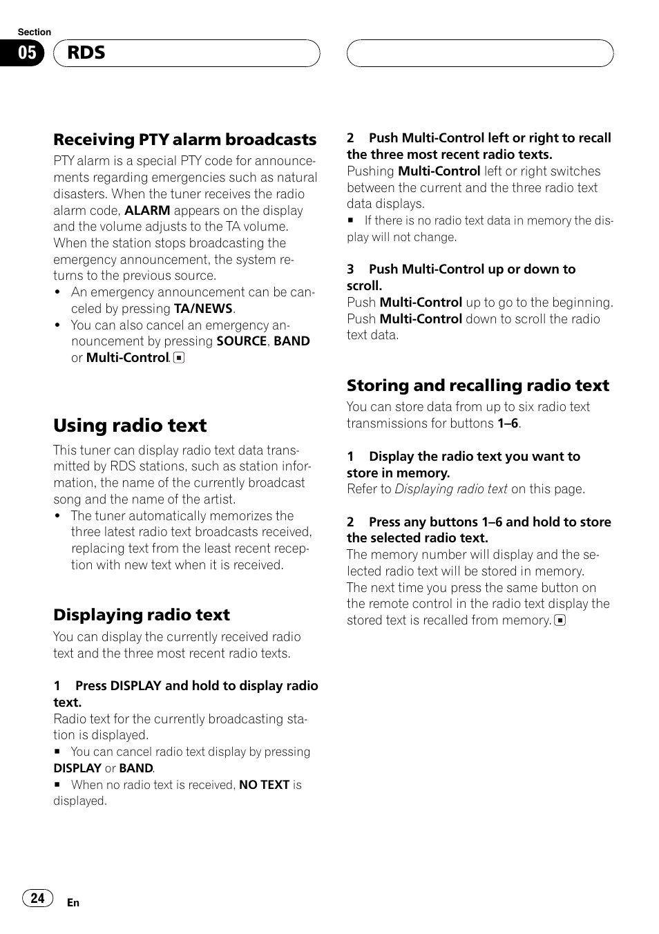 Receiving pty alarm broadcasts 24, Using radio text 24, Displaying radio text 24 | Storing and recalling radio text 24, Using radio text, Receiving pty alarm broadcasts, Displaying radio text, Storing and recalling radio text | Pioneer DEH-P70BT User Manual | Page 24 / 199