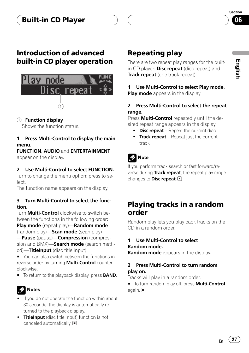 Introduction of advanced built-in cd player, Operation 27, Repeating play | Playing tracks in a random order, Built-in cd player | Pioneer DEH-P70BT User Manual | Page 27 / 199