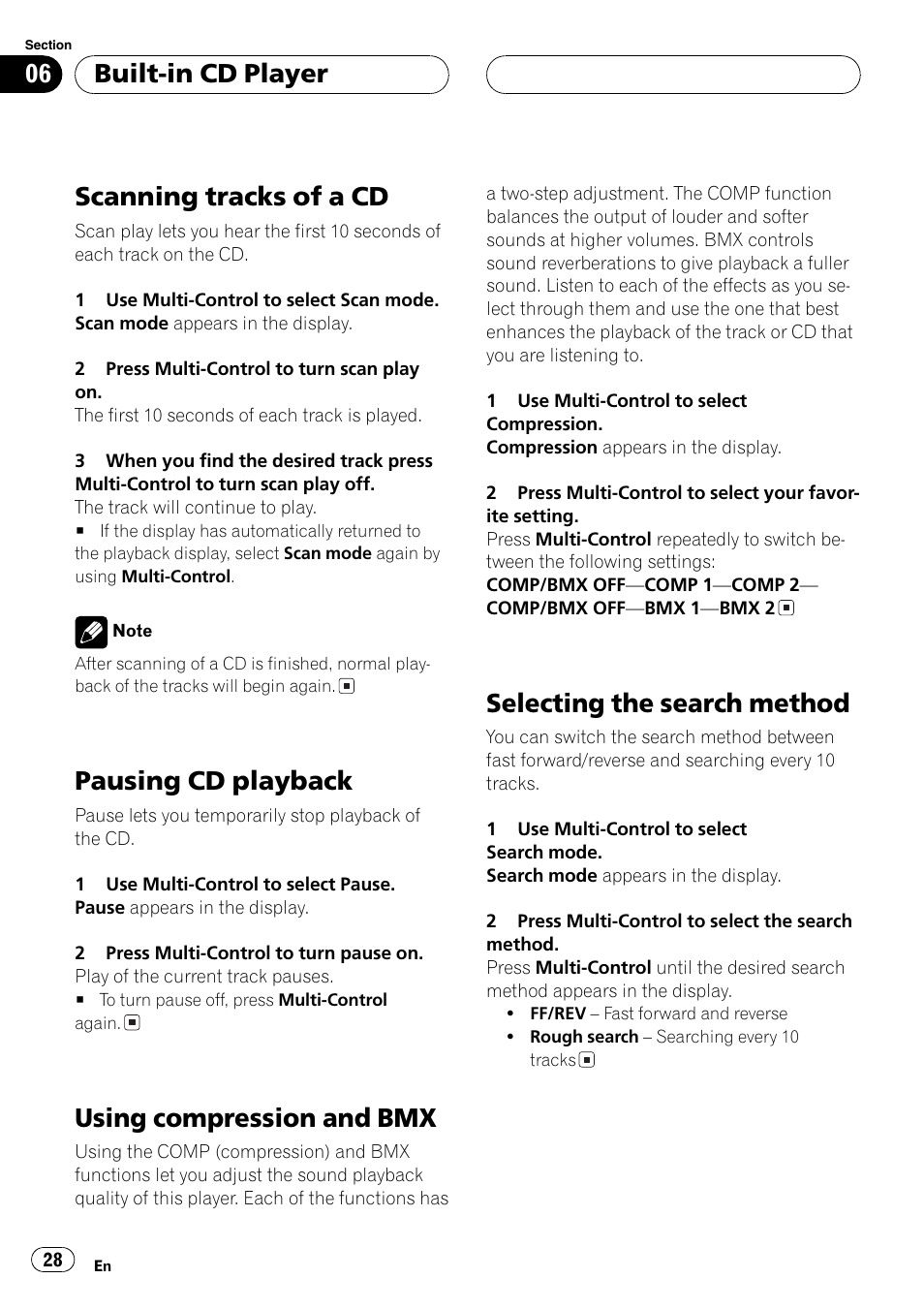 Scanning tracks of a cd, Pausing cd playback, Using compression and bmx | Selecting the search method, Built-in cd player | Pioneer DEH-P70BT User Manual | Page 28 / 199