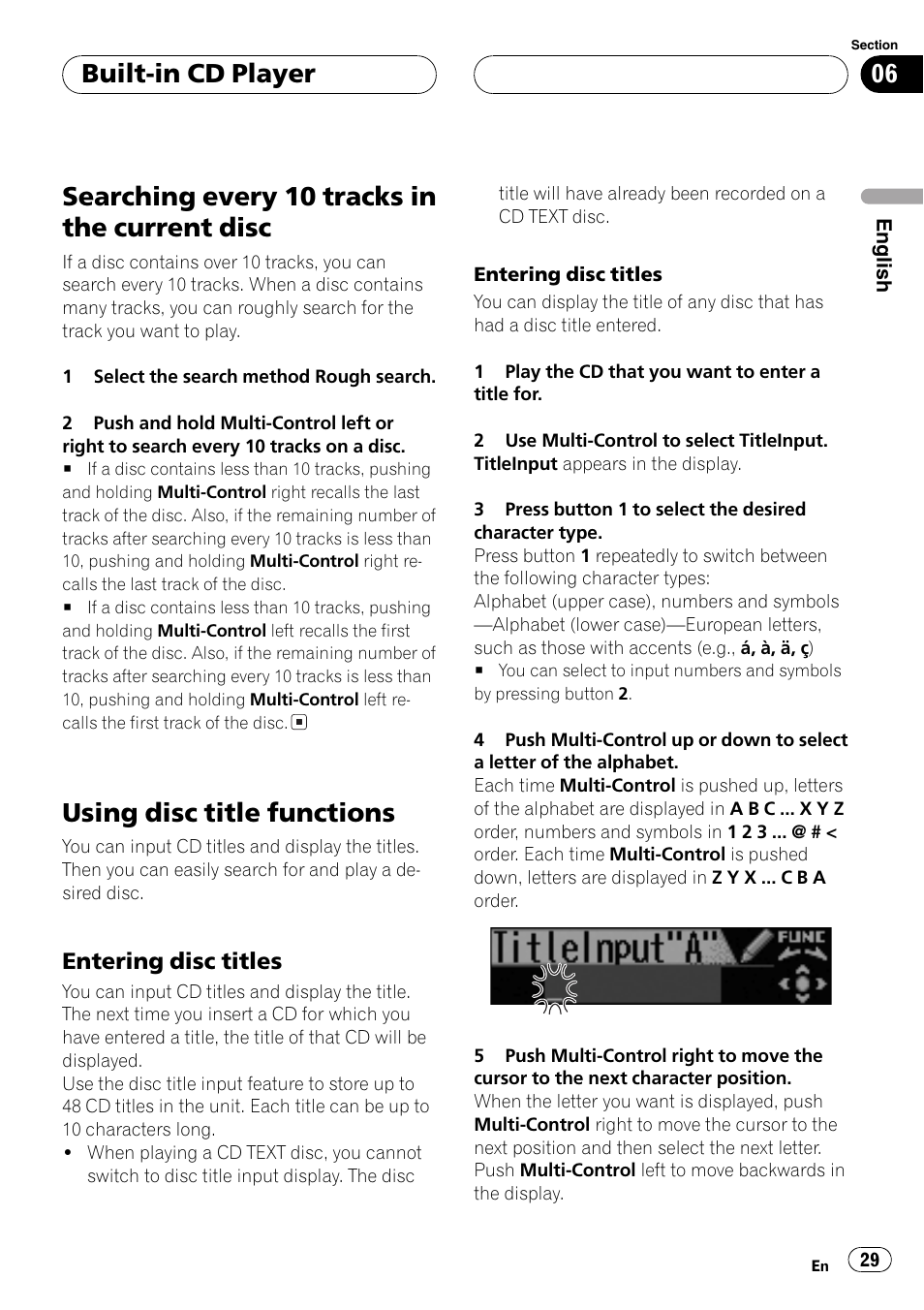Searching every 10 tracks in the current, Disc 29, Using disc title functions 29 | Entering disc titles 29, Searching every 10 tracks in the current disc, Using disc title functions, Built-in cd player | Pioneer DEH-P70BT User Manual | Page 29 / 199