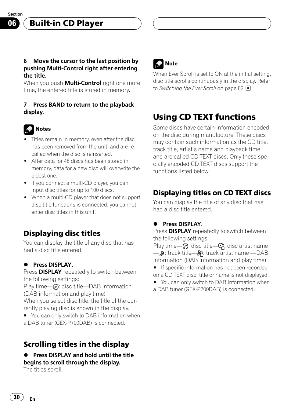 Displaying disc titles 30, Scrolling titles in the display 30, Using cd text functions 30 | Displaying titles on cd text, Discs 30, Using cd text functions, Built-in cd player, Displaying disc titles, Scrolling titles in the display, Displaying titles on cd text discs | Pioneer DEH-P70BT User Manual | Page 30 / 199