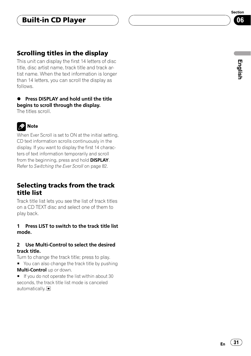 Scrolling titles in the display 31, Selecting tracks from the track title, List 31 | Built-in cd player | Pioneer DEH-P70BT User Manual | Page 31 / 199