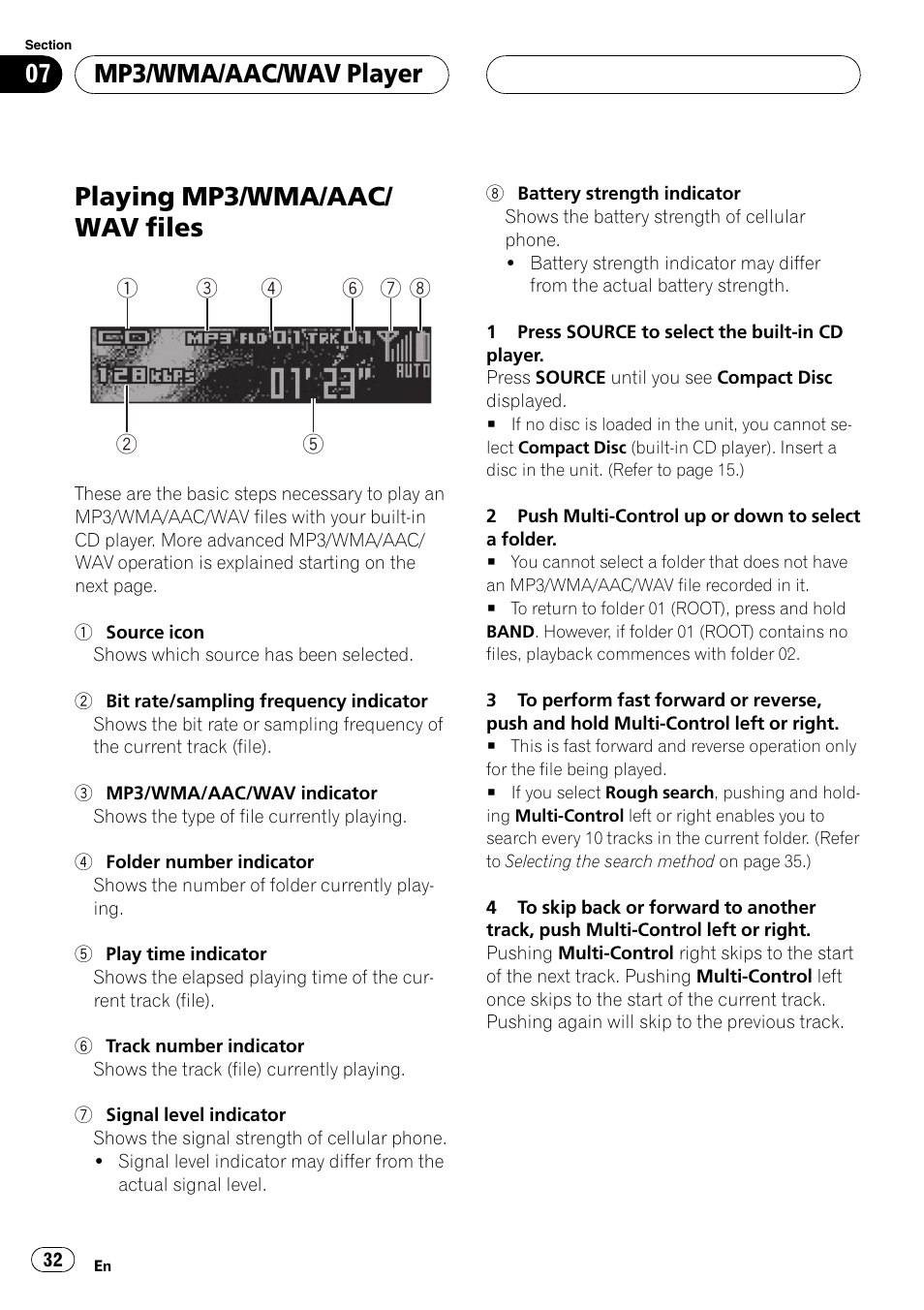 Playing mp3/wma/aac/ wav files, Mp3/wma/aac/wav player | Pioneer DEH-P70BT User Manual | Page 32 / 199