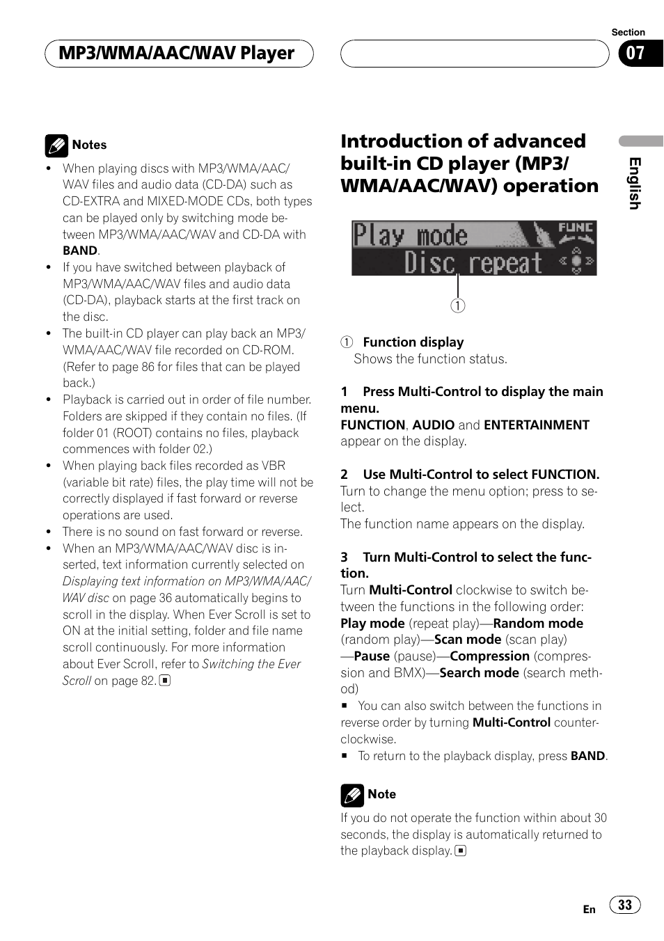 Introduction of advanced built-in cd player, Mp3/wma/aac/wav) operation 33, Mp3/wma/aac/wav player | Pioneer DEH-P70BT User Manual | Page 33 / 199