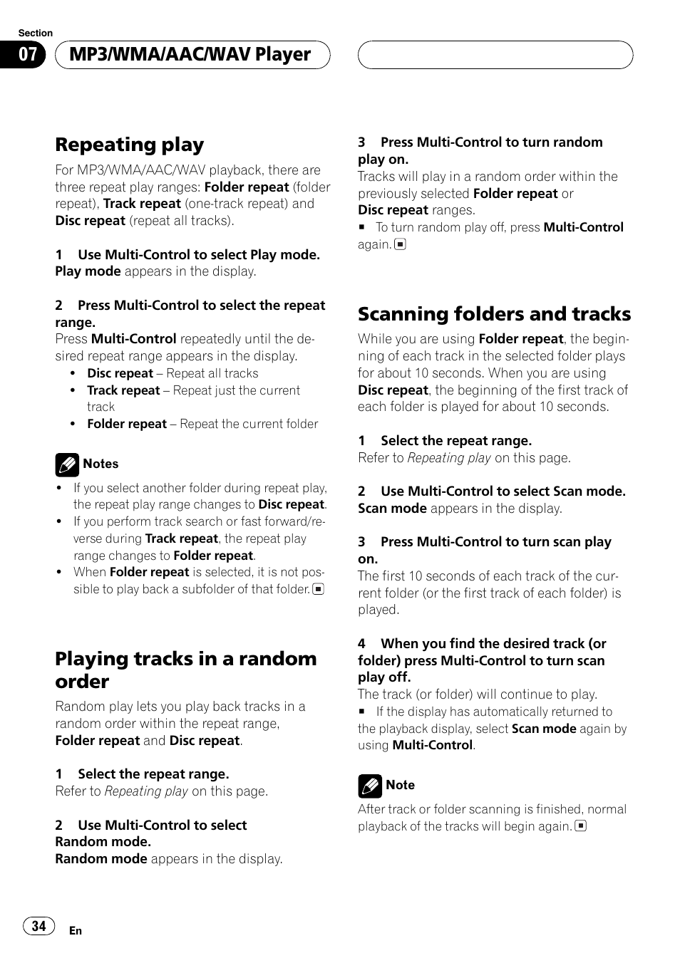 Repeating play, Playing tracks in a random order, Scanning folders and tracks | Mp3/wma/aac/wav player | Pioneer DEH-P70BT User Manual | Page 34 / 199