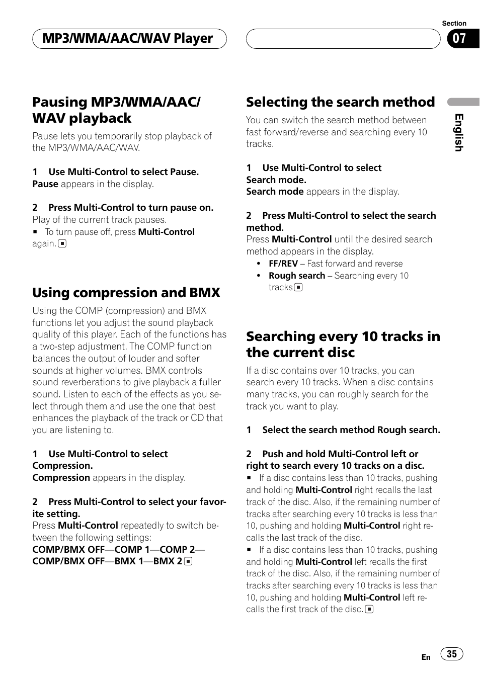 Disc 35, Pausing mp3/wma/aac/ wav playback, Using compression and bmx | Selecting the search method, Searching every 10 tracks in the current disc, Mp3/wma/aac/wav player | Pioneer DEH-P70BT User Manual | Page 35 / 199
