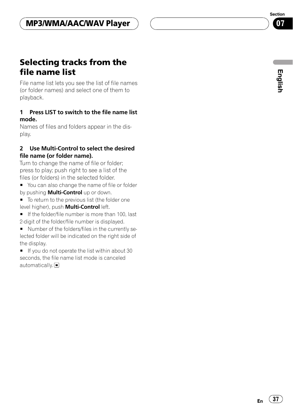 Selecting tracks from the file name list 37, Selecting tracks from the file name list, Mp3/wma/aac/wav player | Pioneer DEH-P70BT User Manual | Page 37 / 199
