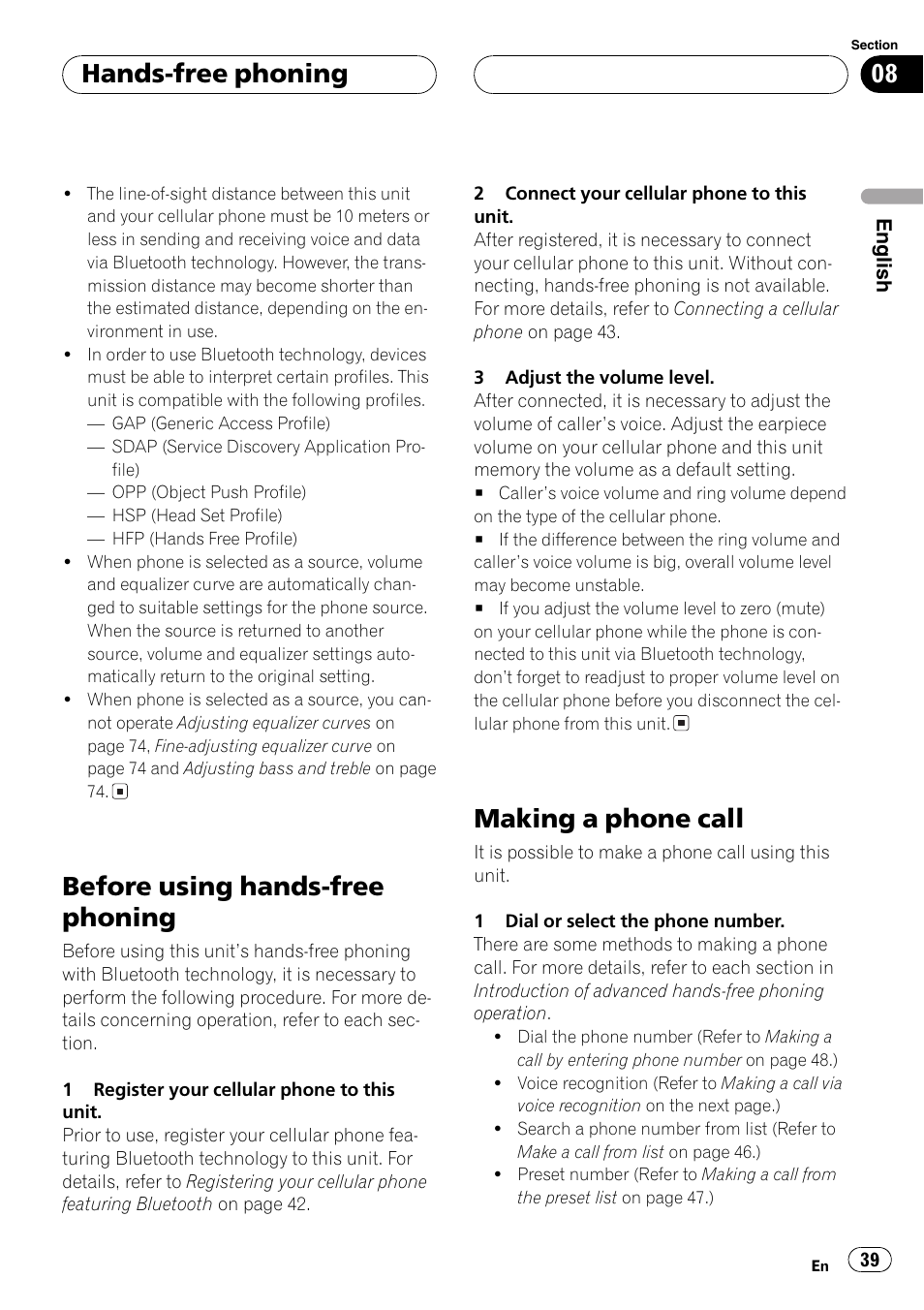Before using hands-free phoning, Making a phone call, Hands-free phoning | Pioneer DEH-P70BT User Manual | Page 39 / 199