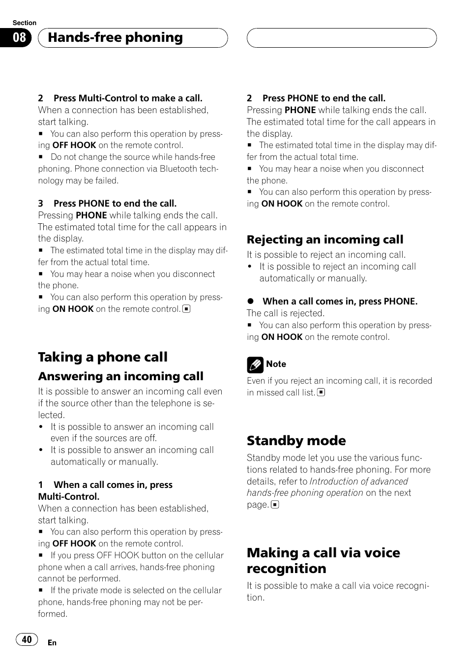 Taking a phone call 40, Answering an incoming call 40, Rejecting an incoming call 40 | Standby mode 40, Making a call via voice recognition 40, Making a call via, Taking a phone call, Standby mode, Making a call via voice recognition, Hands-free phoning | Pioneer DEH-P70BT User Manual | Page 40 / 199