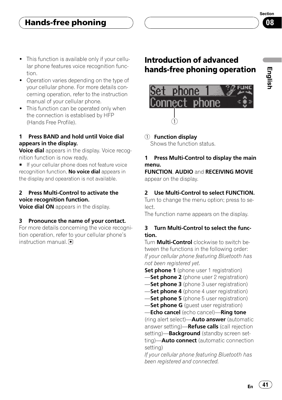 Introduction of advanced hands-free phoning, Operation 41, Introduc | Tion of advanced hands-free phoning operation, Operation, Hands-free phoning | Pioneer DEH-P70BT User Manual | Page 41 / 199