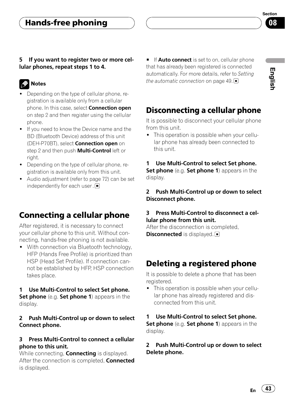 Connecting a cellular, Connecting a cellular phone, Disconnecting a cellular phone | Deleting a registered phone, Hands-free phoning | Pioneer DEH-P70BT User Manual | Page 43 / 199