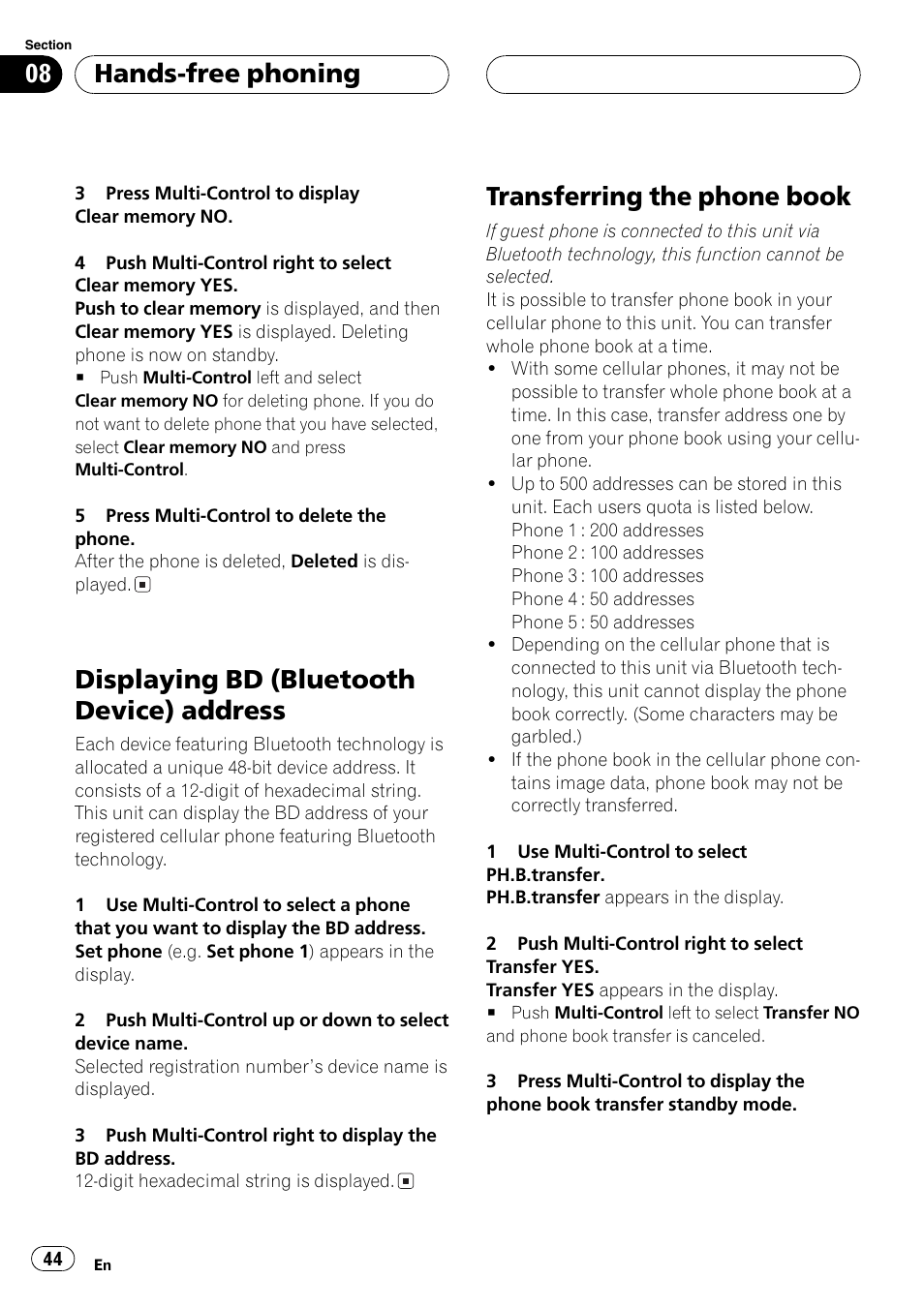 Displaying bd (bluetooth device), Address 44, Transferring the phone book 44 | Displaying bd (bluetooth device) address, Transferring the phone book, Hands-free phoning | Pioneer DEH-P70BT User Manual | Page 44 / 199