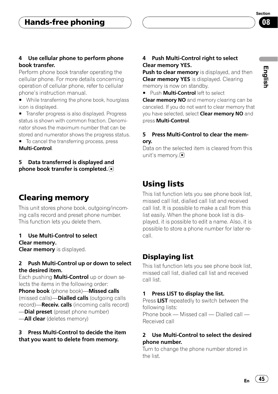 Clearing memory 45 using lists 45, Displaying list 45, Using lists | Hands-free phoning, Displaying list | Pioneer DEH-P70BT User Manual | Page 45 / 199