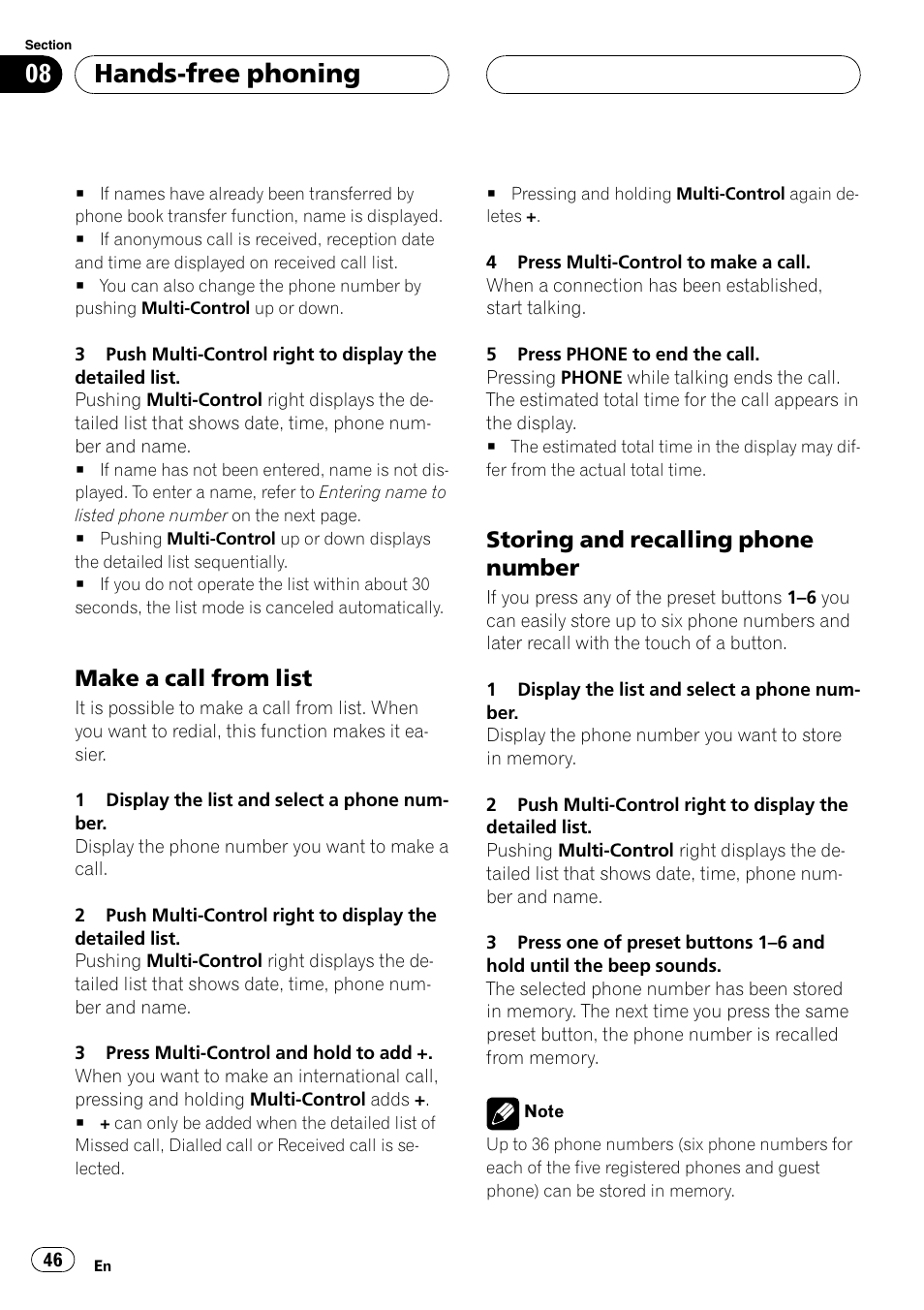 Make a call from list 46, Storing and recalling phone, Number 46 | Hands-free phoning, Make a call from list, Storing and recalling phone number | Pioneer DEH-P70BT User Manual | Page 46 / 199