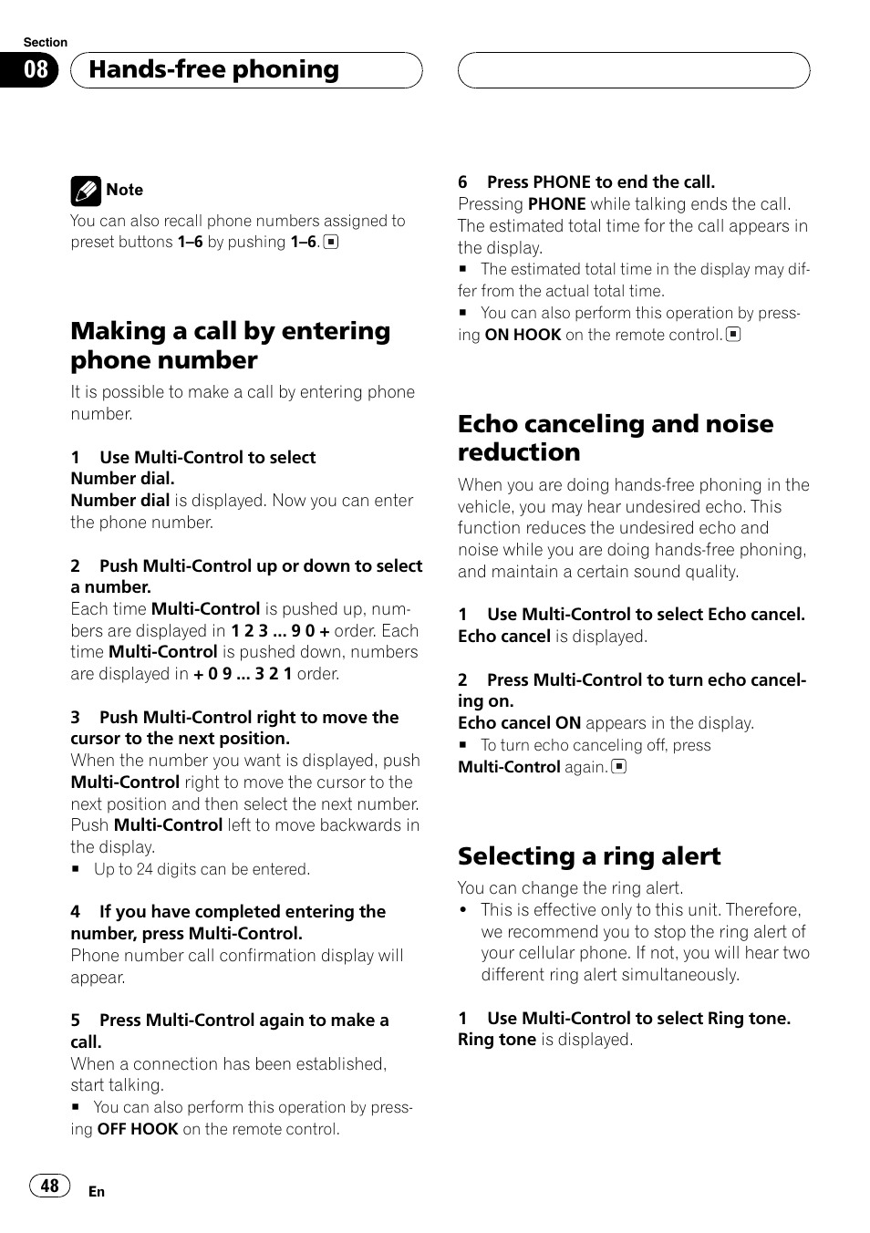 Making a, Making a call by entering phone number, Echo canceling and noise reduction | Selecting a ring alert, Hands-free phoning | Pioneer DEH-P70BT User Manual | Page 48 / 199