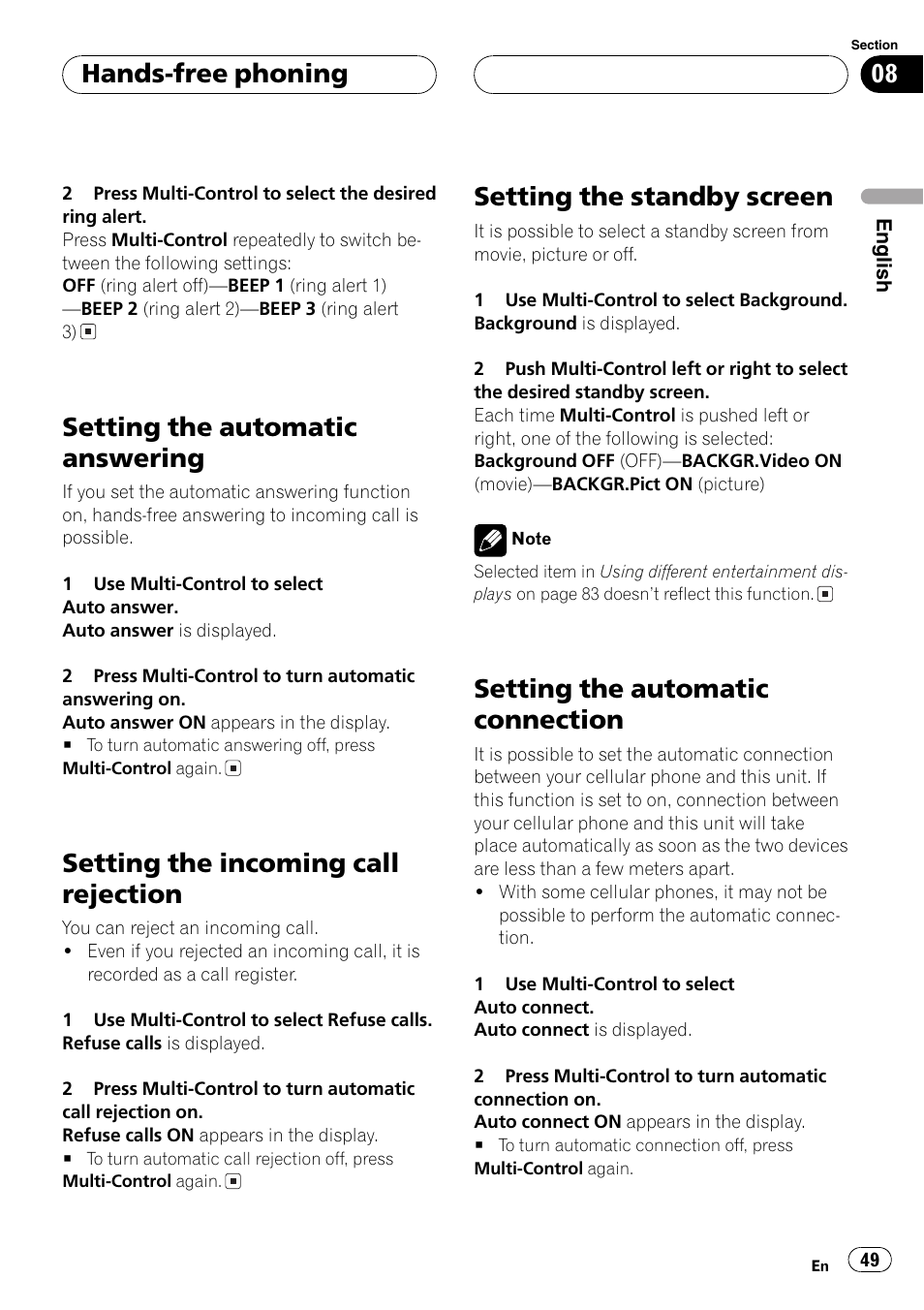 Setting, Setting the automatic answering, Setting the incoming call rejection | Setting the standby screen, Setting the automatic connection, Hands-free phoning | Pioneer DEH-P70BT User Manual | Page 49 / 199