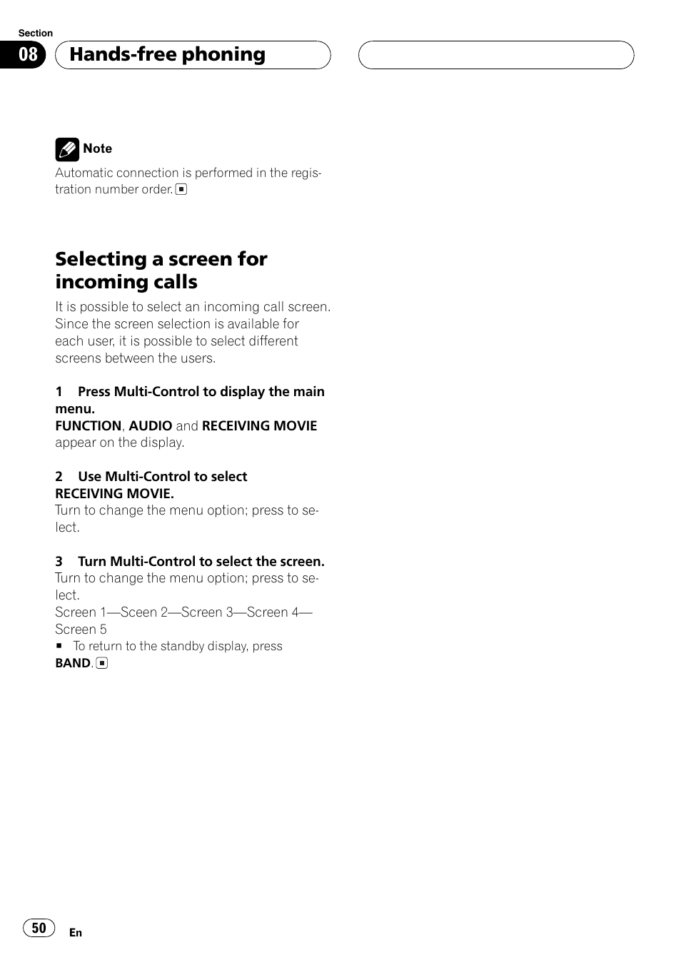 Selecting a screen for incoming calls 50, Selecting a screen for incoming calls, Hands-free phoning | Pioneer DEH-P70BT User Manual | Page 50 / 199