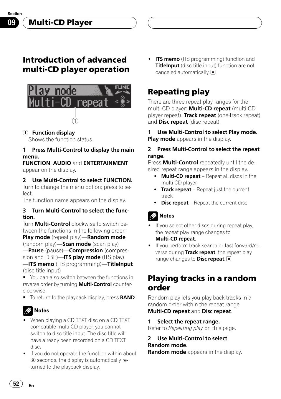 Introduction of advanced multi-cd player, Operation 52, The next | Introduction of advanced multi-cd player operation, Repeating play, Playing tracks in a random order, Multi-cd player | Pioneer DEH-P70BT User Manual | Page 52 / 199