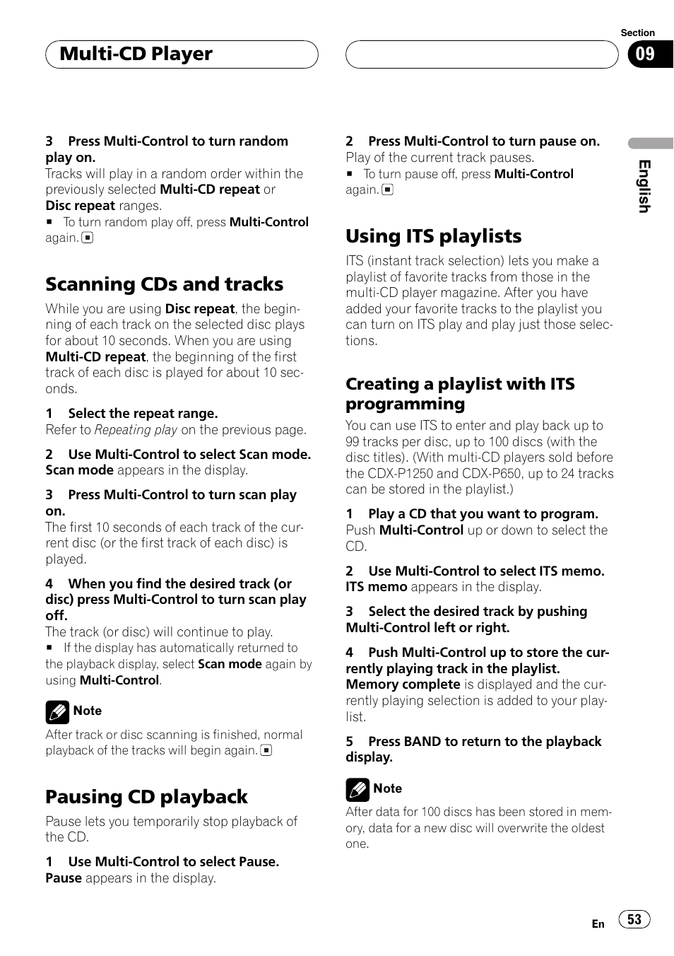 Creating a playlist with its, Programming 53, Scanning cds and tracks | Pausing cd playback, Using its playlists, Multi-cd player, Creating a playlist with its programming | Pioneer DEH-P70BT User Manual | Page 53 / 199