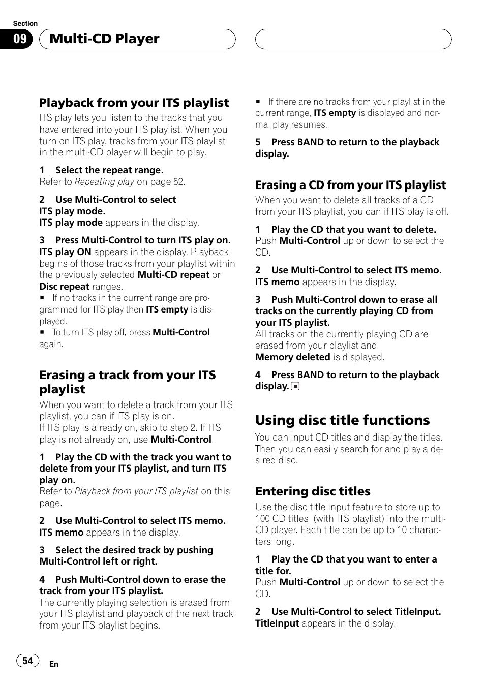 Playback from your its playlist 54, Erasing a track from your its, Playlist 54 | Erasing a cd from your its, Using disc title functions 54, Entering disc titles 54, Using disc title functions, Multi-cd player, Playback from your its playlist, Erasing a track from your its playlist | Pioneer DEH-P70BT User Manual | Page 54 / 199