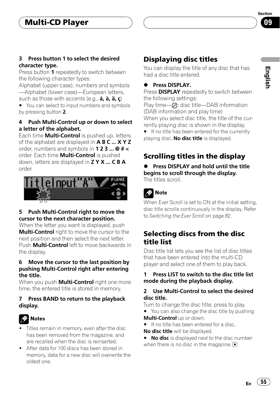 Displaying disc titles 55, Scrolling titles in the display 55, Selecting discs from the disc title | List 55, Selecting discs from the disc title list on, Multi-cd player, Displaying disc titles, Scrolling titles in the display, Selecting discs from the disc title list | Pioneer DEH-P70BT User Manual | Page 55 / 199