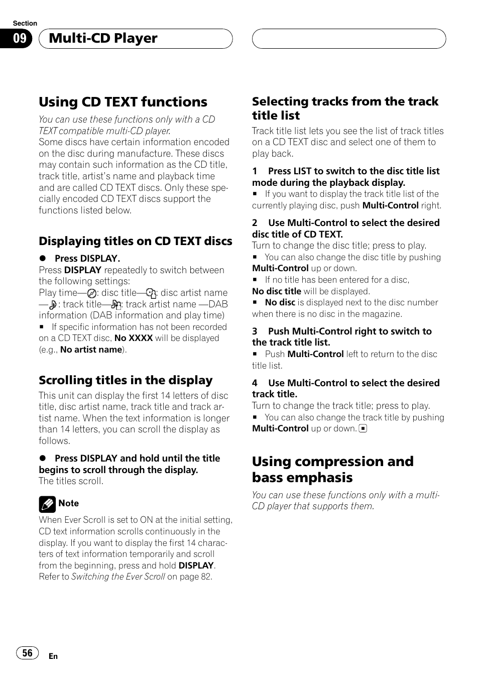 Using cd text functions 56, Displaying titles on cd text, Discs 56 | Scrolling titles in the display 56, Selecting tracks from the track title, List 56, Using compression and bass emphasis 56, Displaying titles on cd, Using cd text functions, Using compression and bass emphasis | Pioneer DEH-P70BT User Manual | Page 56 / 199