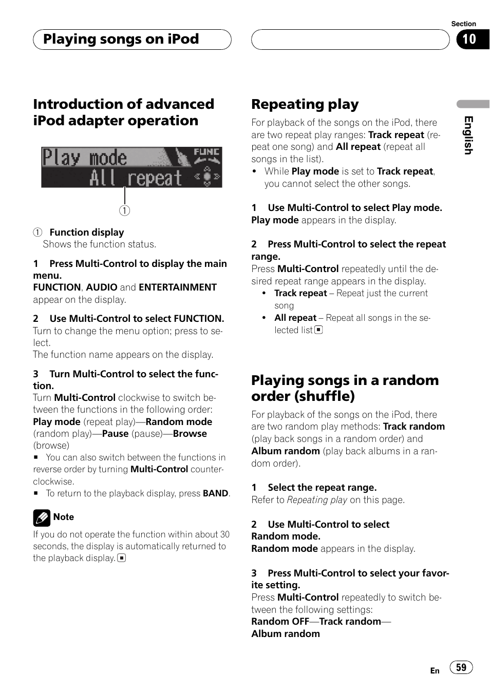 Introduction of advanced ipod adapter, Operation 59, Repeating play 59 playing songs in a random order | Shuffle) 59, Introduction, Of advanced ipod adapter operation on the next, Introduction of advanced ipod adapter operation, Repeating play, Playing songs in a random order (shuffle), Playing songs on ipod | Pioneer DEH-P70BT User Manual | Page 59 / 199