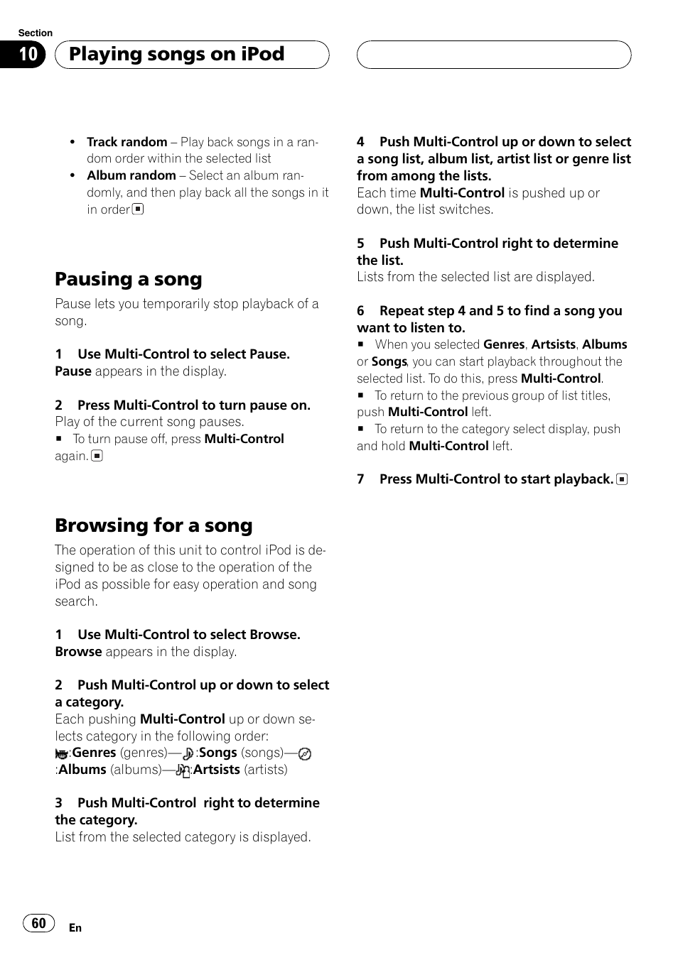 Pausing a song 60 browsing for a song 60, Pausing a song, Browsing for a song | Playing songs on ipod | Pioneer DEH-P70BT User Manual | Page 60 / 199