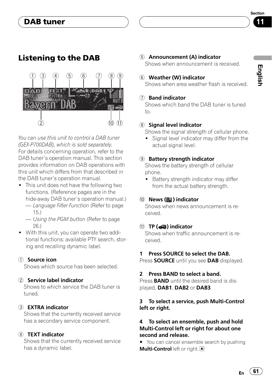 Dab tuner listening to the dab 61, Listening to the dab, Dab tuner | Pioneer DEH-P70BT User Manual | Page 61 / 199