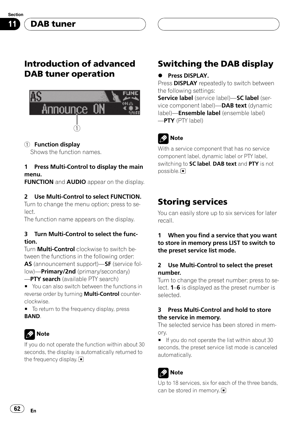 Introduction of advanced dabtuner, Operation 62, Switching the dabdisplay 62 storing services 62 | Introduction of advanced dab tuner operation, Switching the dab display, Storing services, Dab tuner | Pioneer DEH-P70BT User Manual | Page 62 / 199
