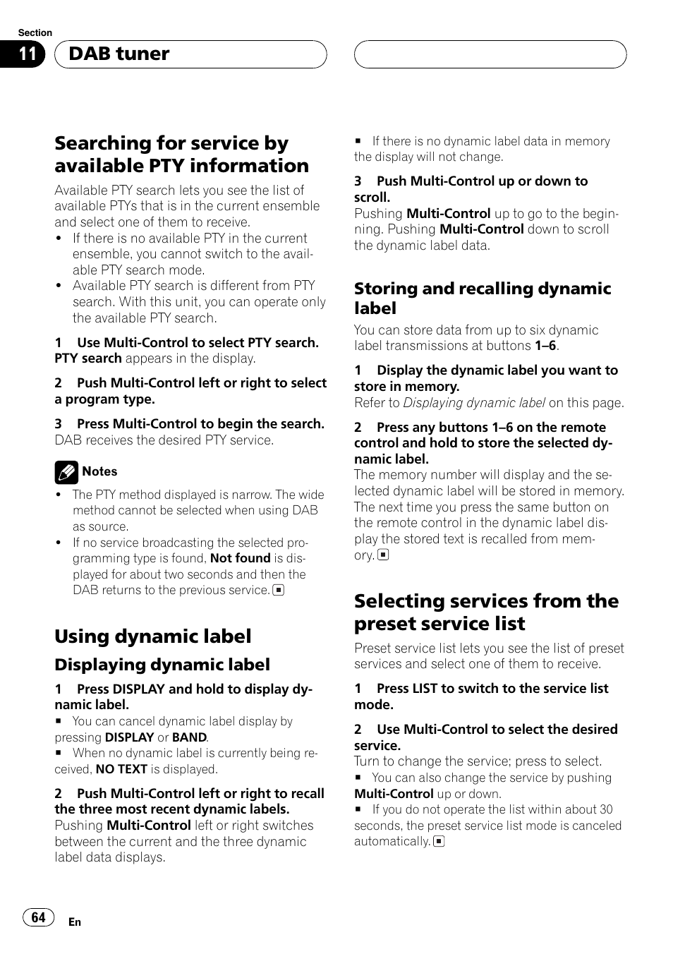 Searching for service by available pty, Information 64, Using dynamic label 64 | Displaying dynamic label 64, Storing and recalling dynamic, Label 64, Selecting services from the preset service, List 64, Searching for service by available pty information, Using dynamic label | Pioneer DEH-P70BT User Manual | Page 64 / 199