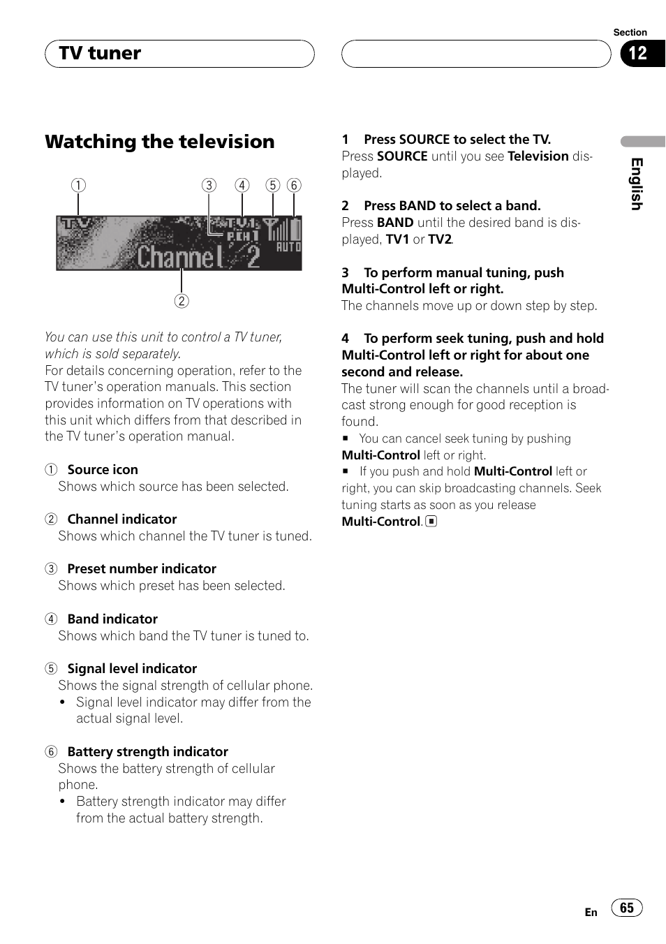 Tv tuner watching the television 65, Watching the television, Tv tuner | Pioneer DEH-P70BT User Manual | Page 65 / 199
