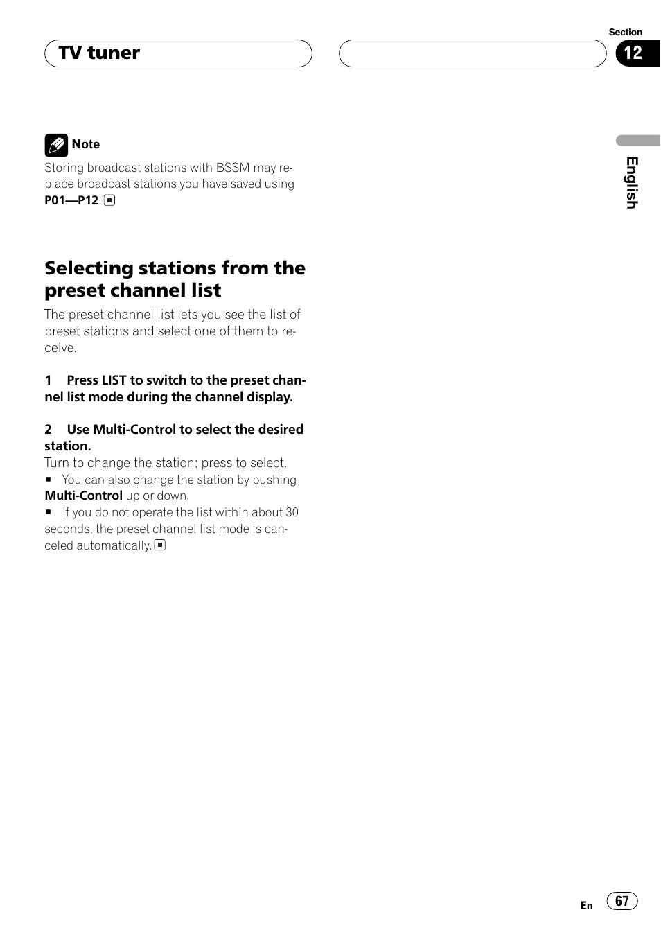 Selecting stations from the preset channel, List 67, Selecting stations from the preset channel list | Tv tuner | Pioneer DEH-P70BT User Manual | Page 67 / 199